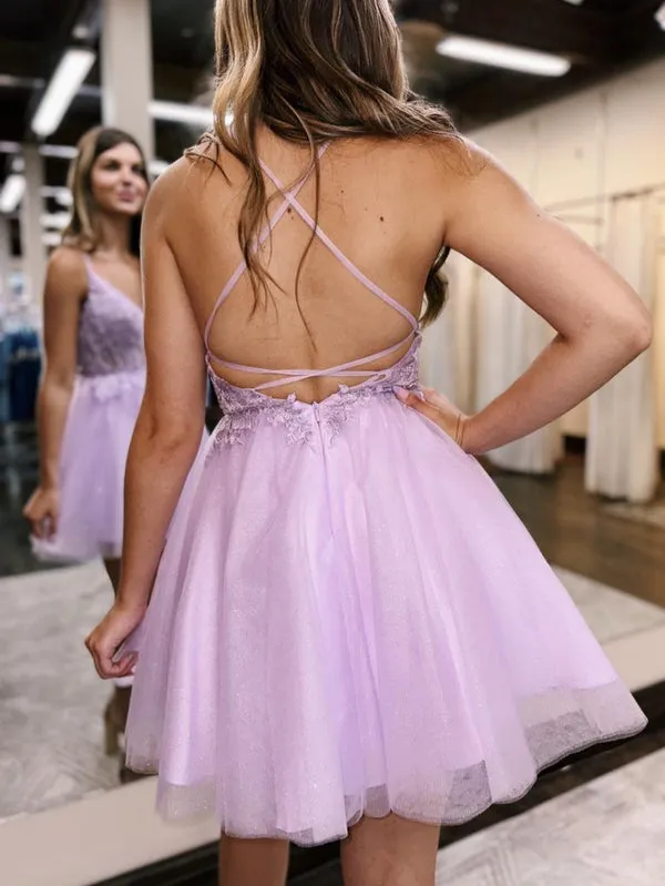 A-Line Backless Tulle Appliqued Homecoming Dress Short Lilac Beautiful
