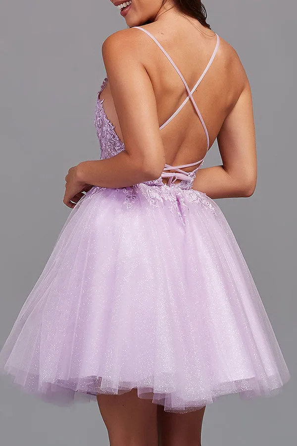 A-Line Backless Tulle Appliqued Homecoming Dress Short Lilac Beautiful