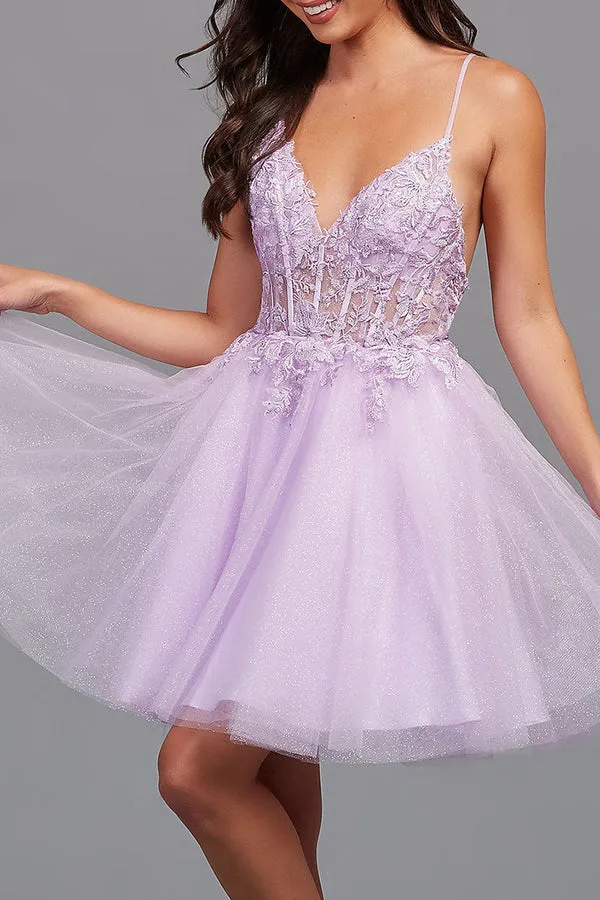 A-Line Backless Tulle Appliqued Homecoming Dress Short Lilac Beautiful