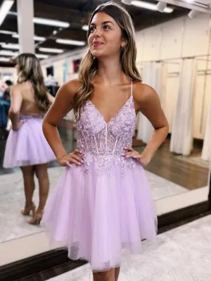 A-Line Backless Tulle Appliqued Homecoming Dress Short Lilac Beautiful