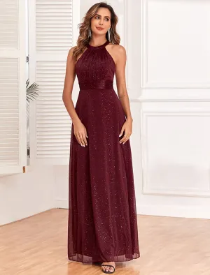 A-Line Evening Gown Empire Dress Evening Party Dress Wedding Reception Floor Length Sleeveless Halter Neck Polyester Backless V Back with Glitter