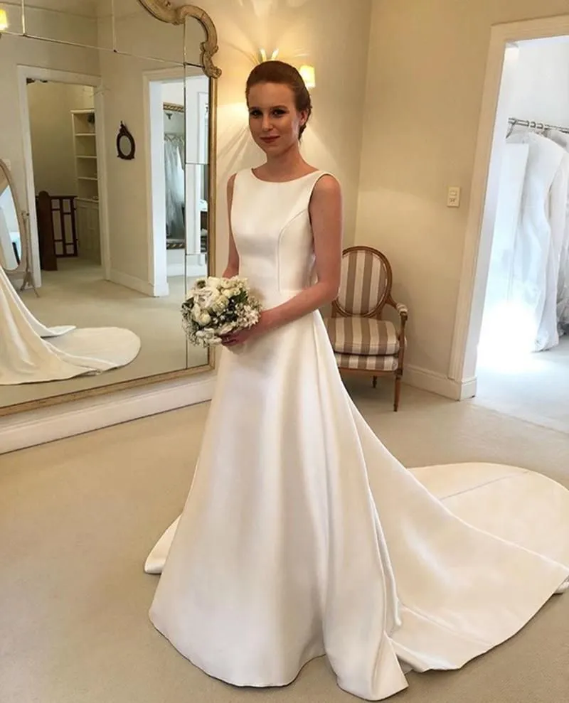 A-line Wedding Dress Jewel Backless Satin