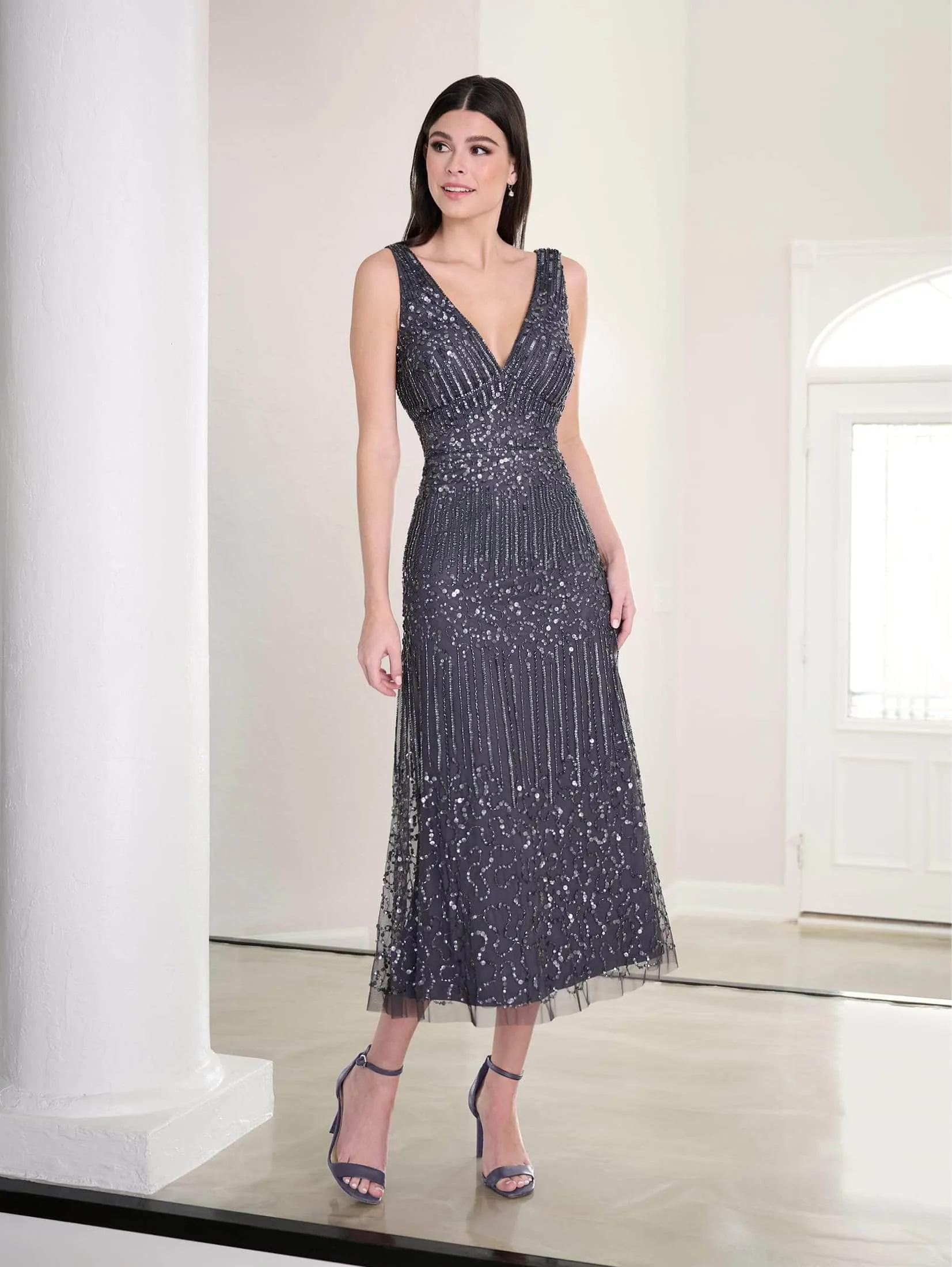 Adrianna Papell Platinum 40456 - Sleeveless Beaded Tea-Length Dress