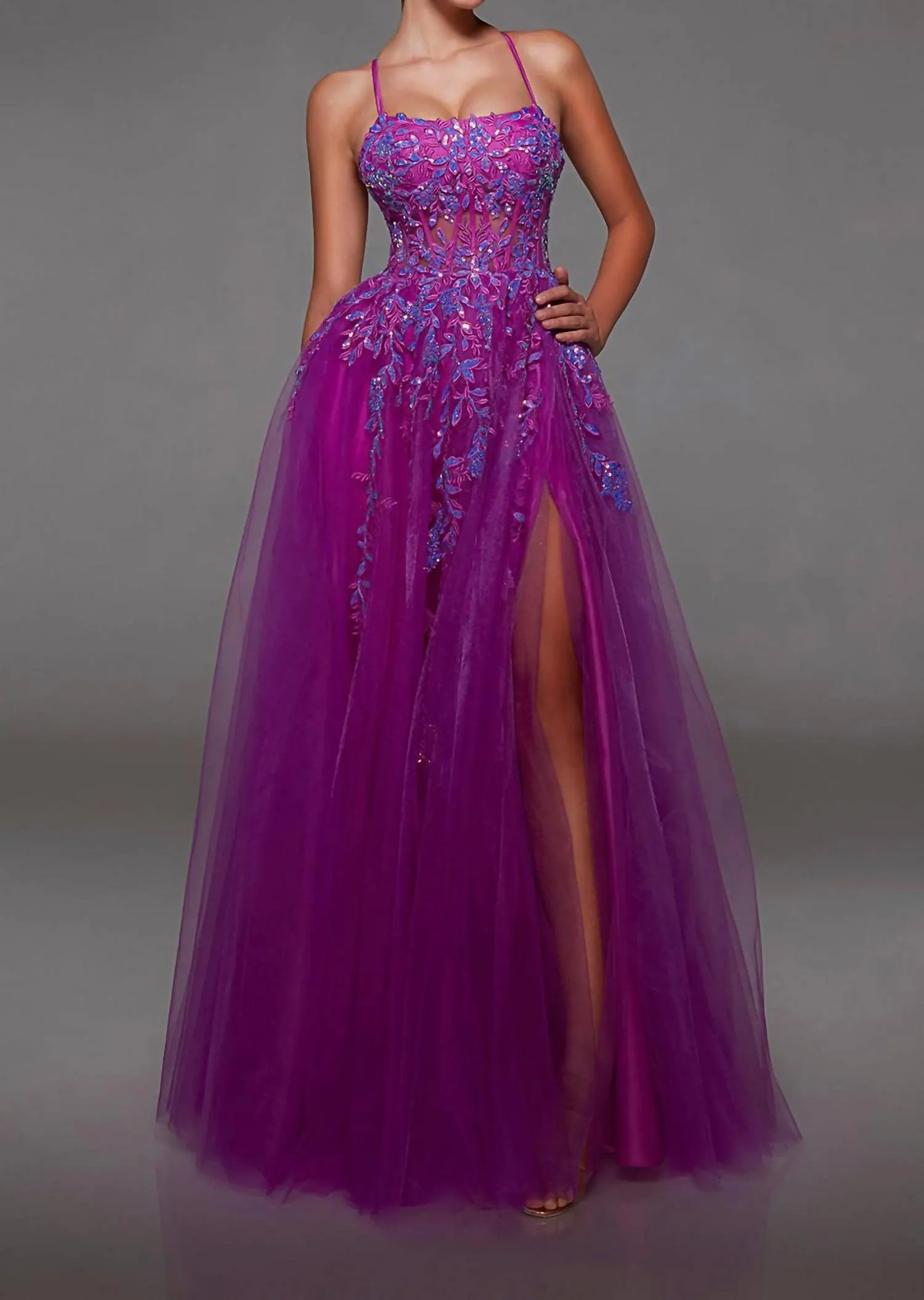 Alyce Paris - Lace Corset Leg Slit A-line Dress