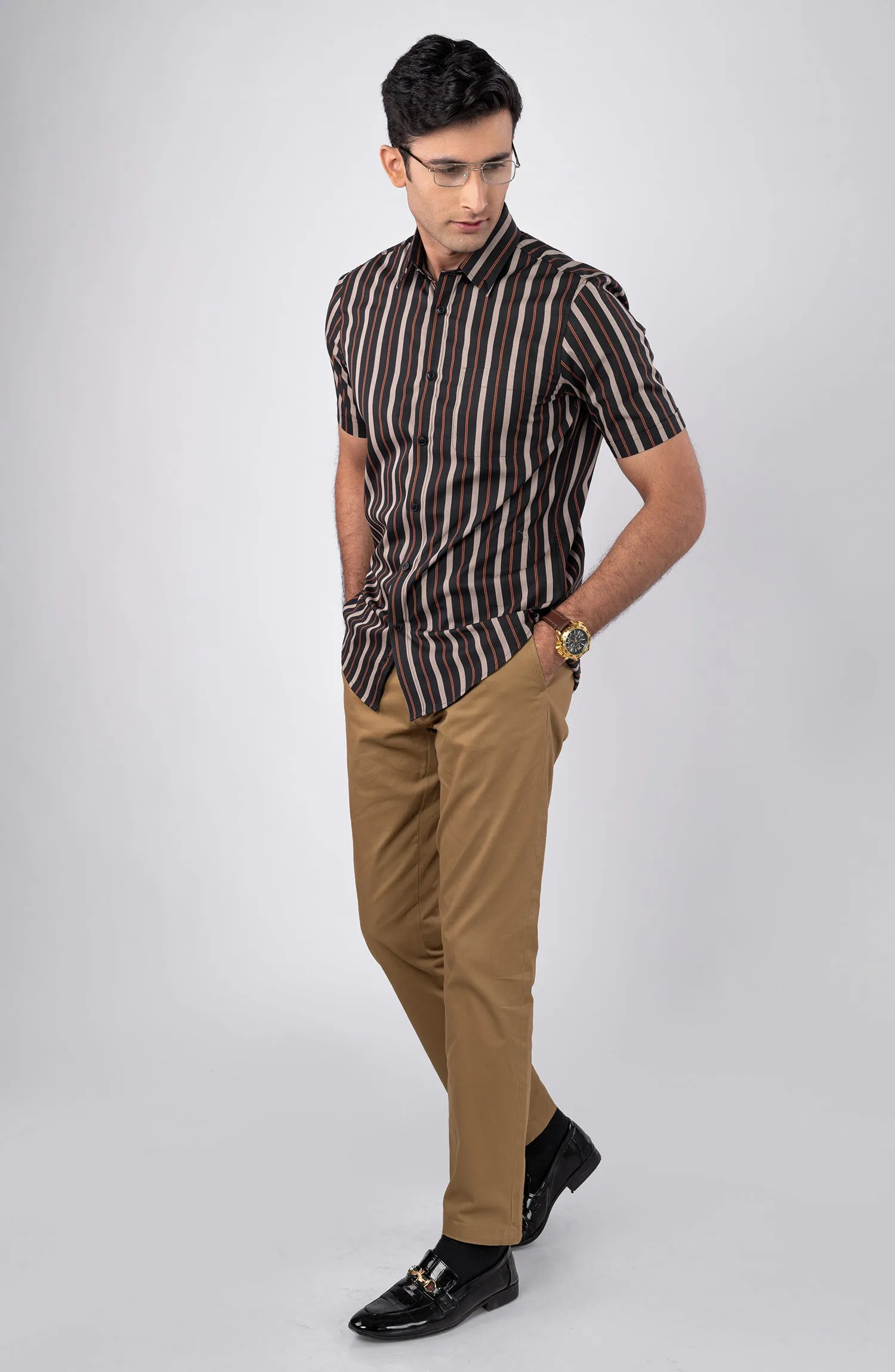 Beige/Black Stripes Yarn Dyed Shirt