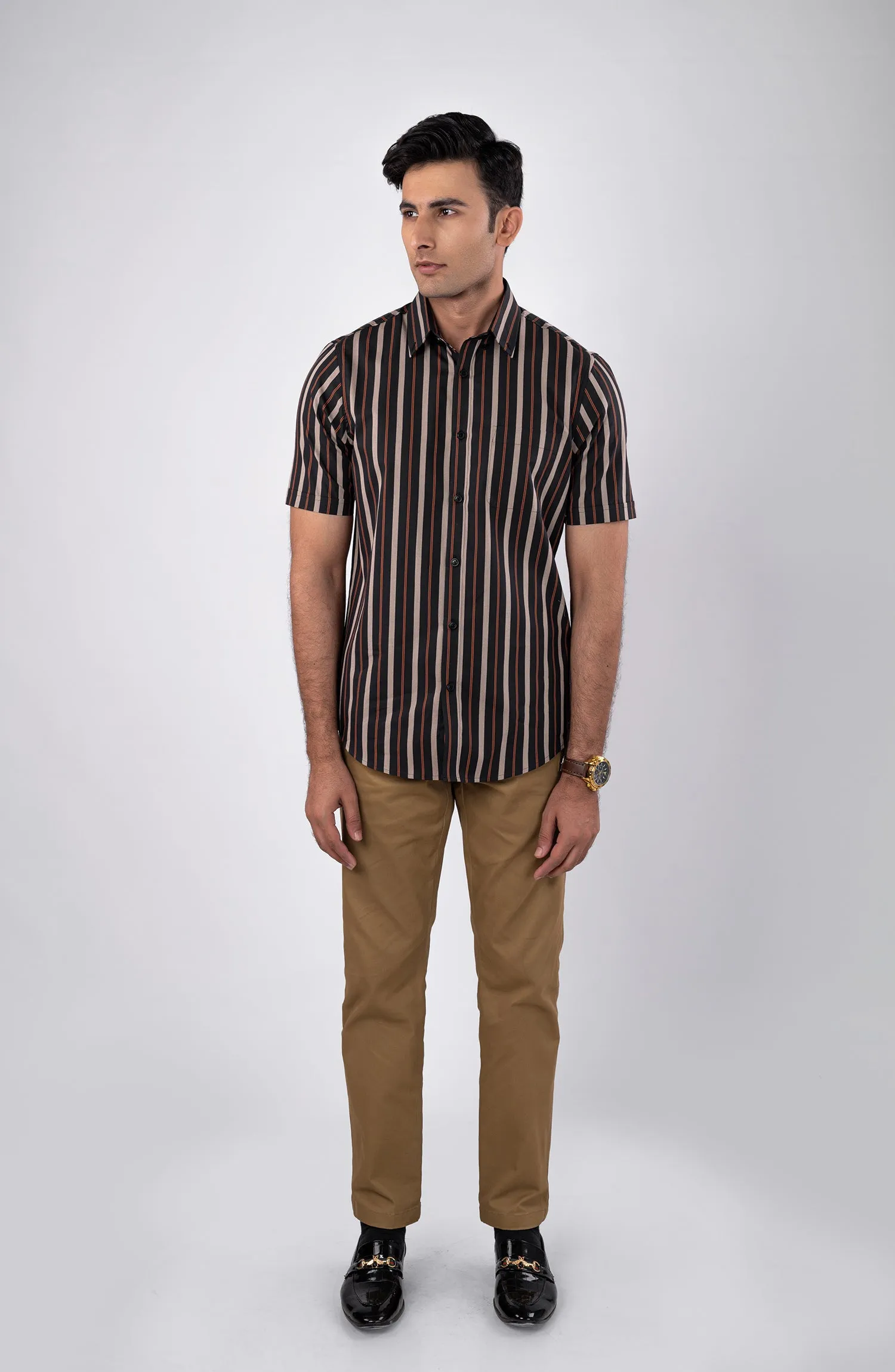 Beige/Black Stripes Yarn Dyed Shirt