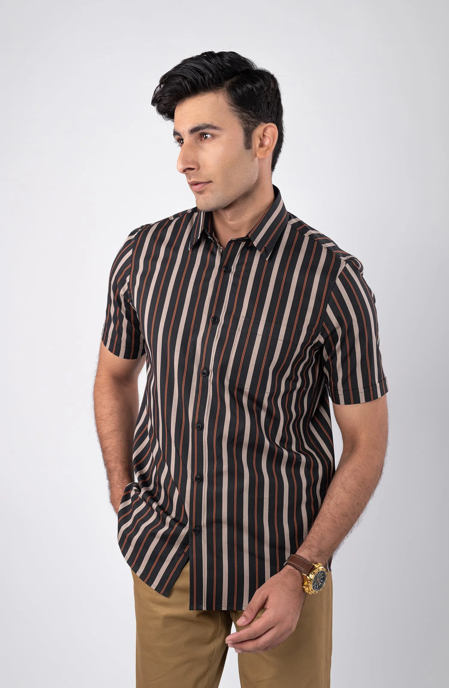Beige/Black Stripes Yarn Dyed Shirt