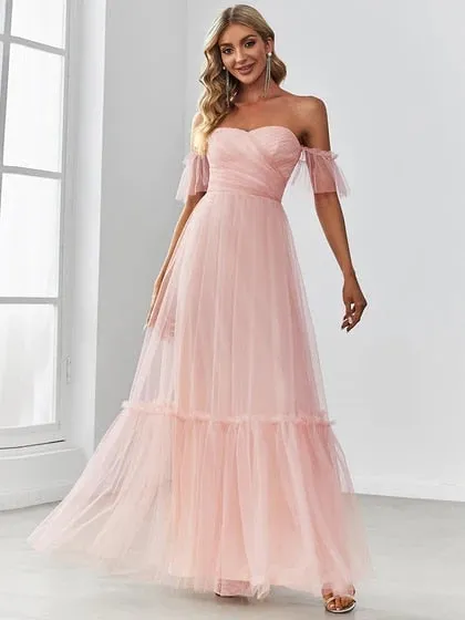 BerriesJam - 2024 Tulle Strapless A Line Ruffles Sleeves Backless Dress
