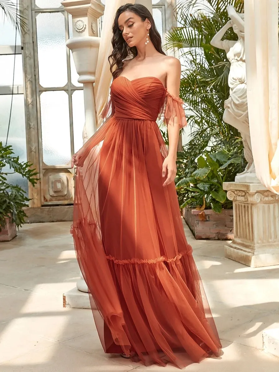 BerriesJam - 2024 Tulle Strapless A Line Ruffles Sleeves Backless Dress