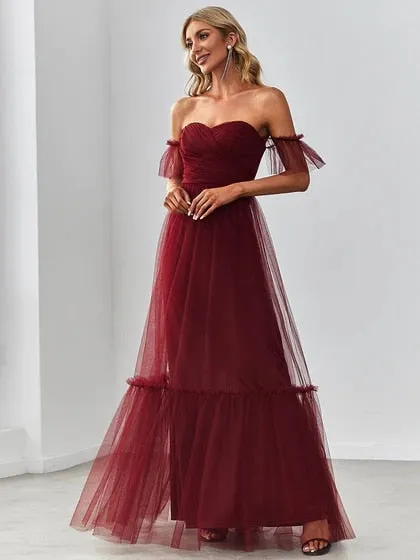 BerriesJam - 2024 Tulle Strapless A Line Ruffles Sleeves Backless Dress