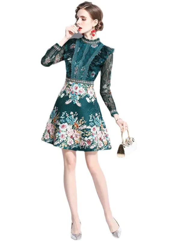 BerryBetty - Beaded Sequin Lace Mesh Sleeve Stitching Dress
