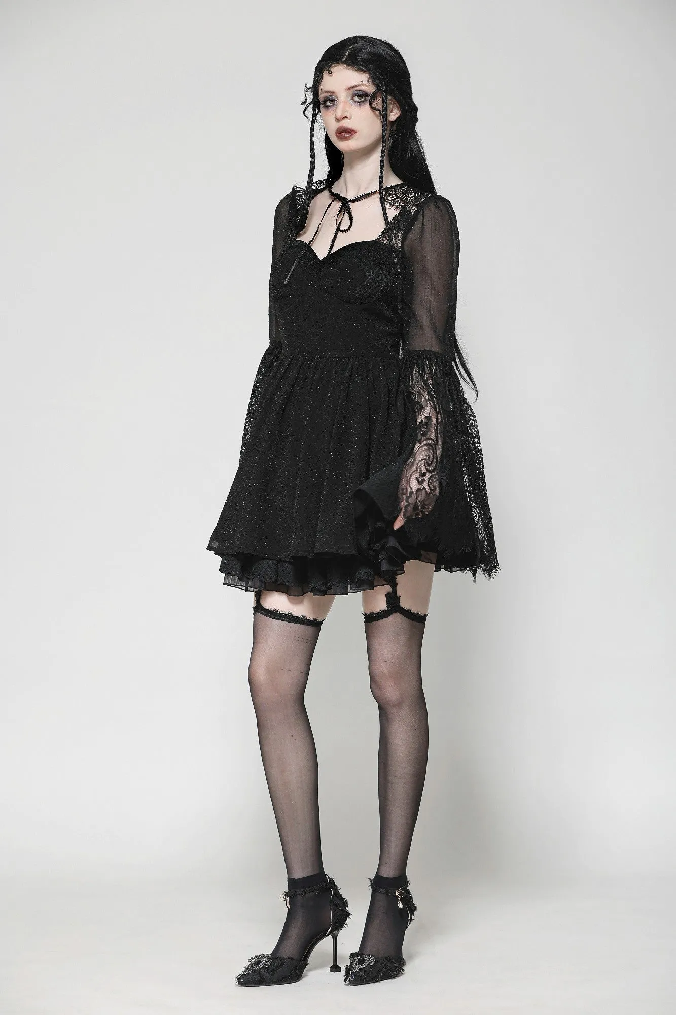 Black Gothic Mesh Patchwork Back Lace-up Everyday Dress DW1007