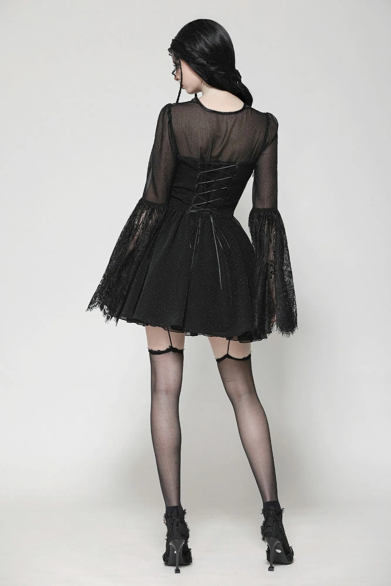 Black Gothic Mesh Patchwork Back Lace-up Everyday Dress DW1007