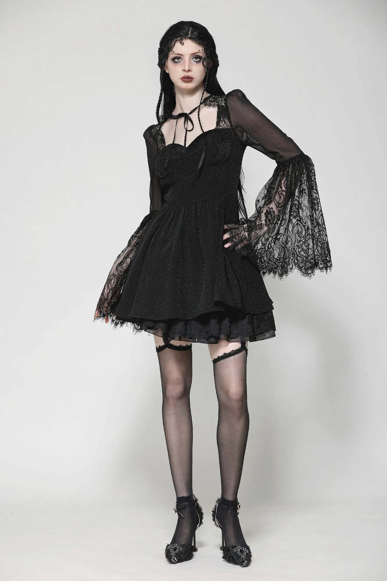 Black Gothic Mesh Patchwork Back Lace-up Everyday Dress DW1007