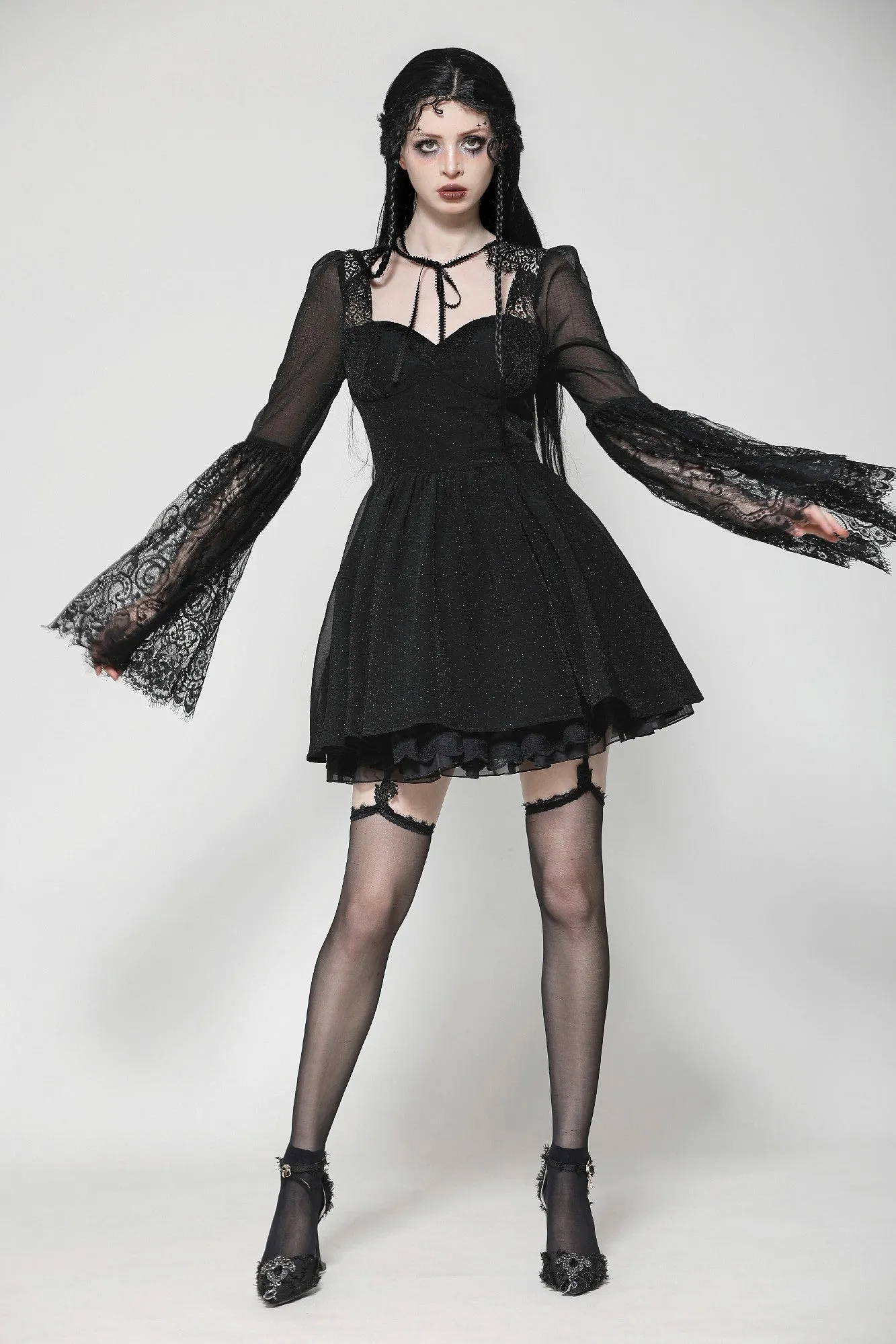 Black Gothic Mesh Patchwork Back Lace-up Everyday Dress DW1007