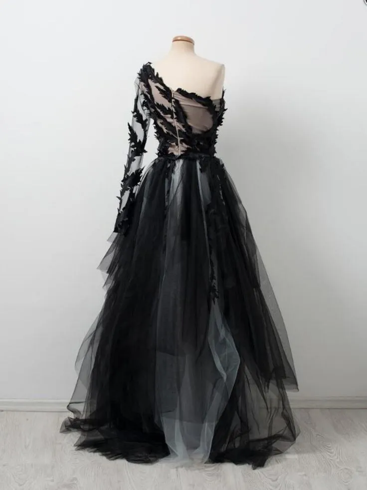 Black One Shoulder Tulle Long Prom Dress Evening Dress  SH1040