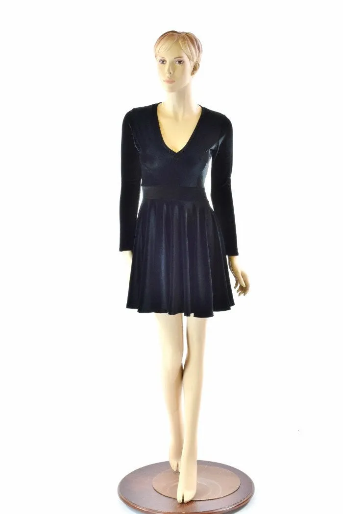 Black Velvet V neck Skater Dress