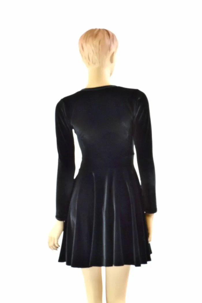 Black Velvet V neck Skater Dress