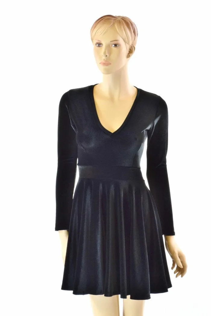 Black Velvet V neck Skater Dress