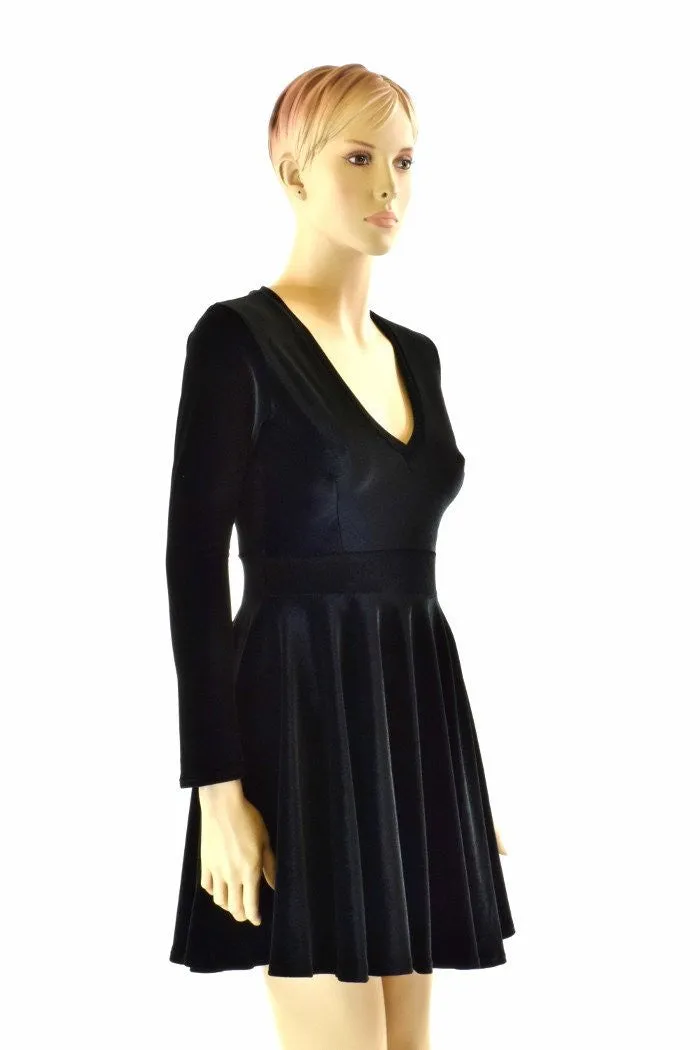 Black Velvet V neck Skater Dress