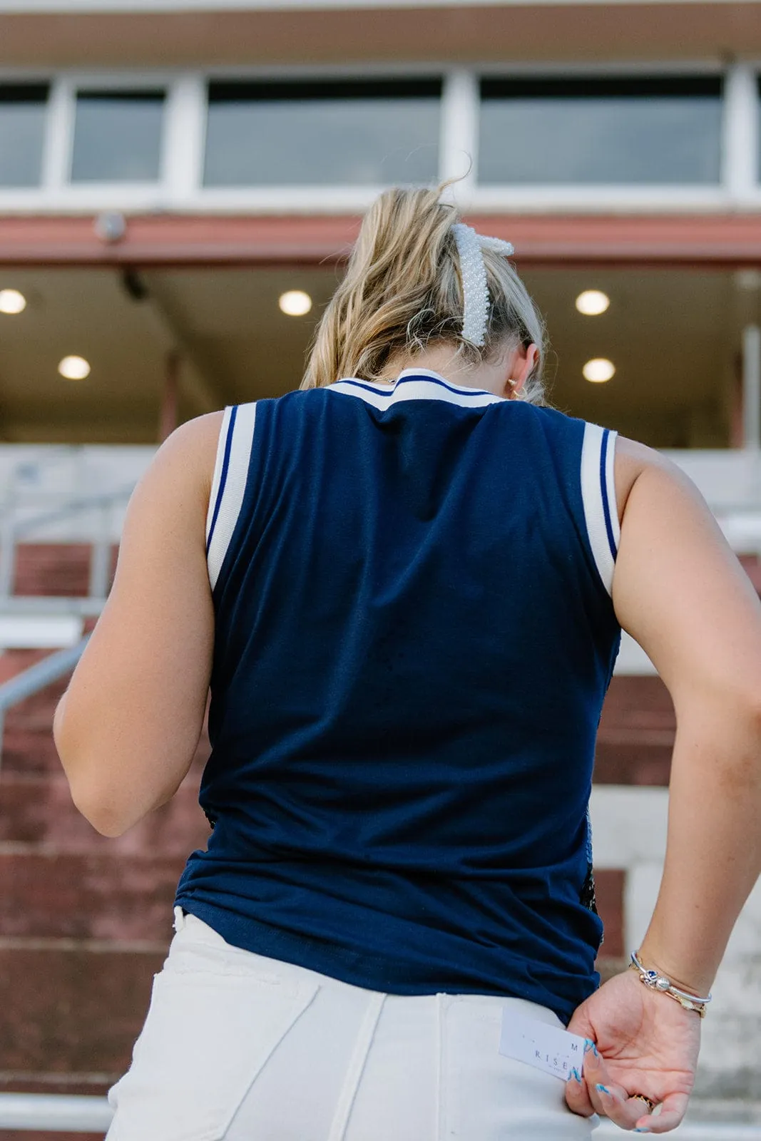 Blue & White Sequin Sleeveless Jersey
