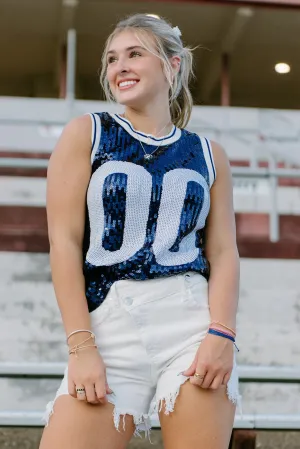 Blue & White Sequin Sleeveless Jersey