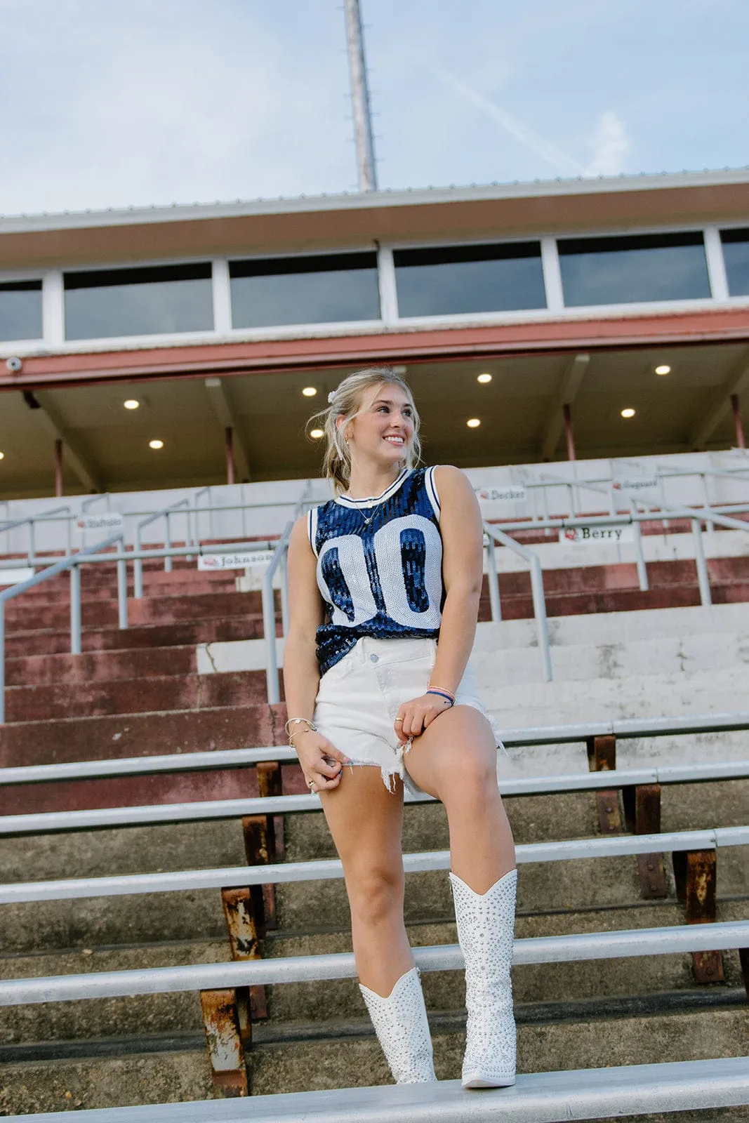 Blue & White Sequin Sleeveless Jersey