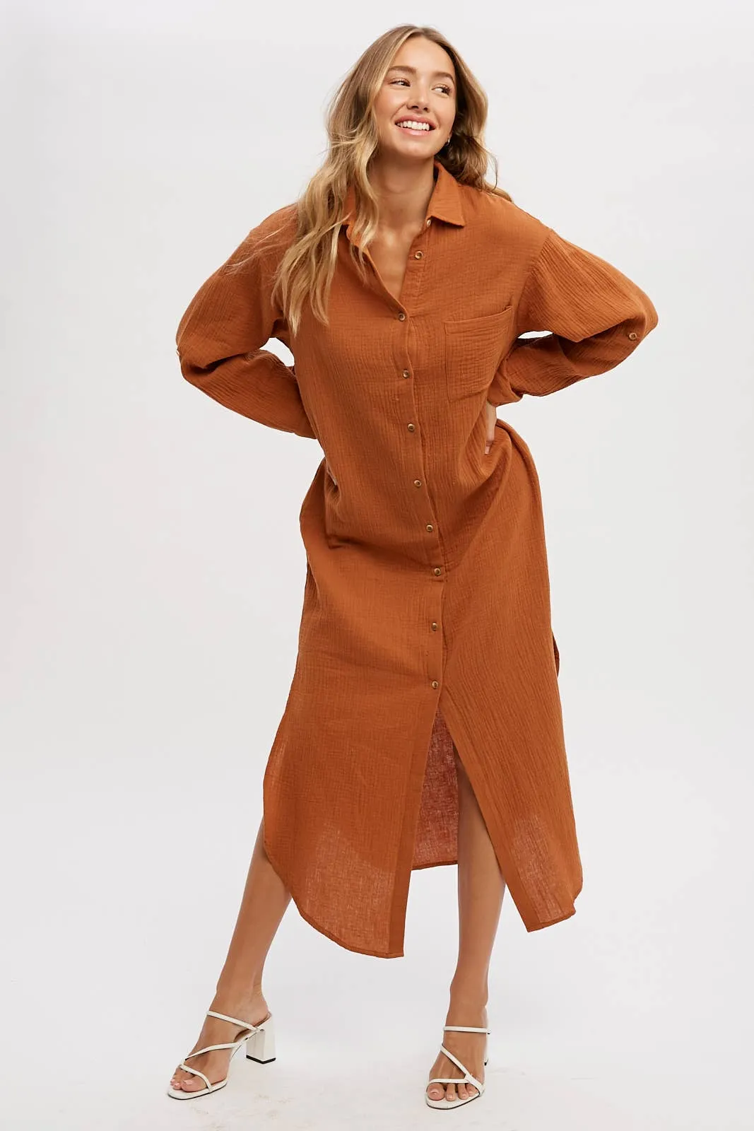 Button Up Cotton Gauze Maxi Dress With Pockets