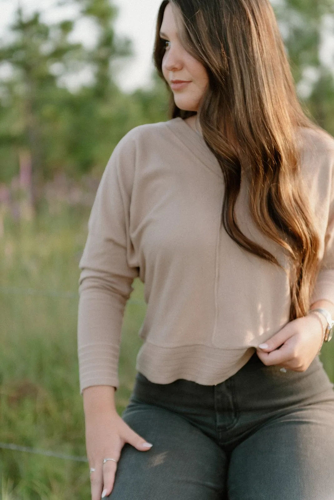 Camel V-Neck Knit Long Sleeve Top
