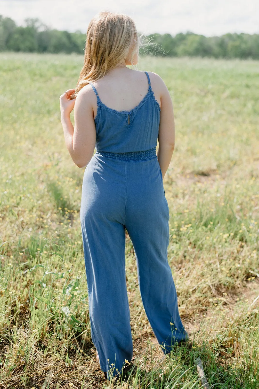 Denim Blue Smocked Jumpsuit