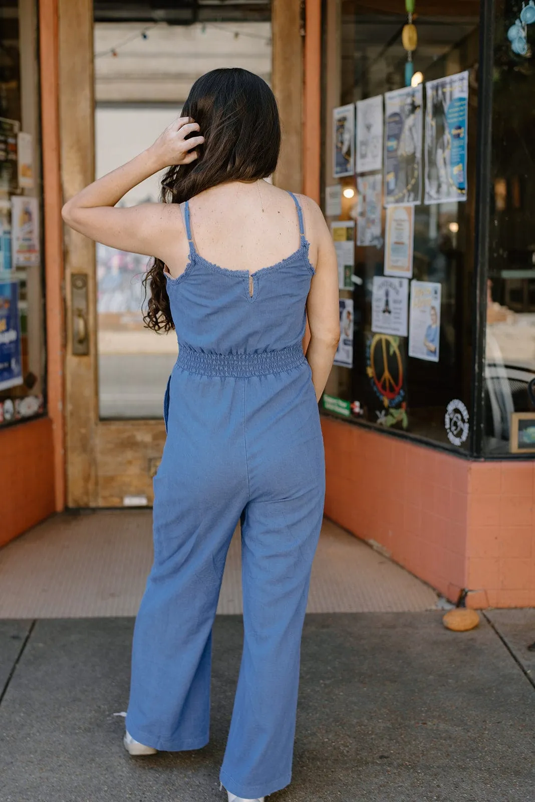 Denim Blue Smocked Jumpsuit