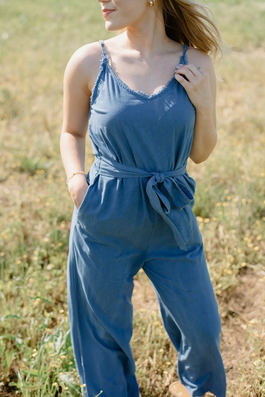 Denim Blue Smocked Jumpsuit