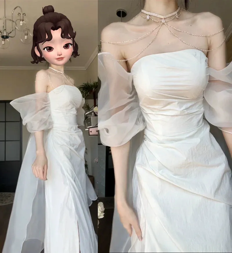 DOLLY Elegant White Off Shoulder Short Puff Sleeve High Waist Wedding Dress-NIKKA