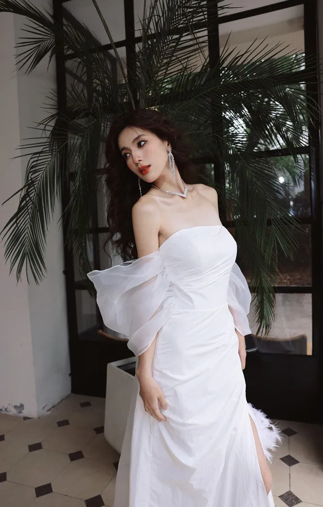 DOLLY Elegant White Off Shoulder Short Puff Sleeve High Waist Wedding Dress-NIKKA