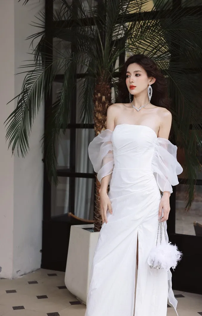 DOLLY Elegant White Off Shoulder Short Puff Sleeve High Waist Wedding Dress-NIKKA