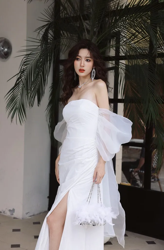 DOLLY Elegant White Off Shoulder Short Puff Sleeve High Waist Wedding Dress-NIKKA