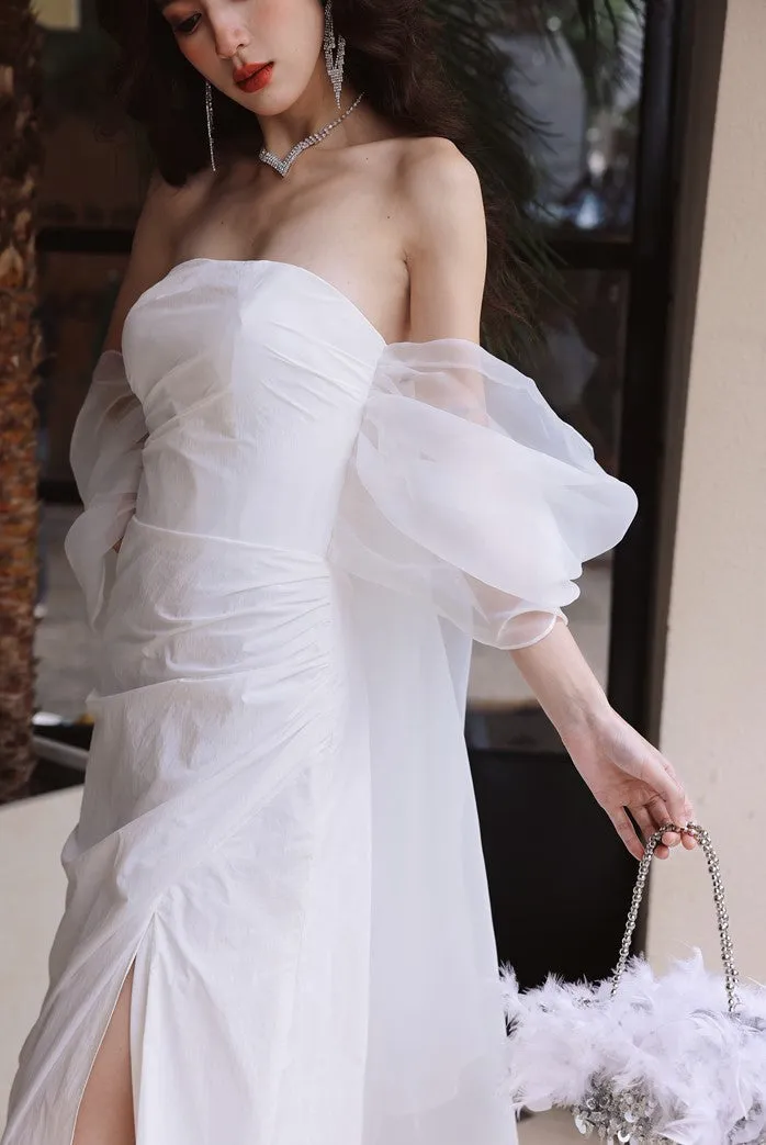 DOLLY Elegant White Off Shoulder Short Puff Sleeve High Waist Wedding Dress-NIKKA