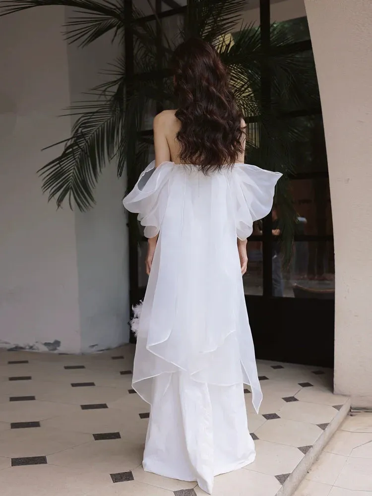 DOLLY Elegant White Off Shoulder Short Puff Sleeve High Waist Wedding Dress-NIKKA