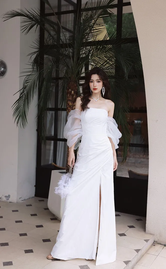 DOLLY Elegant White Off Shoulder Short Puff Sleeve High Waist Wedding Dress-NIKKA