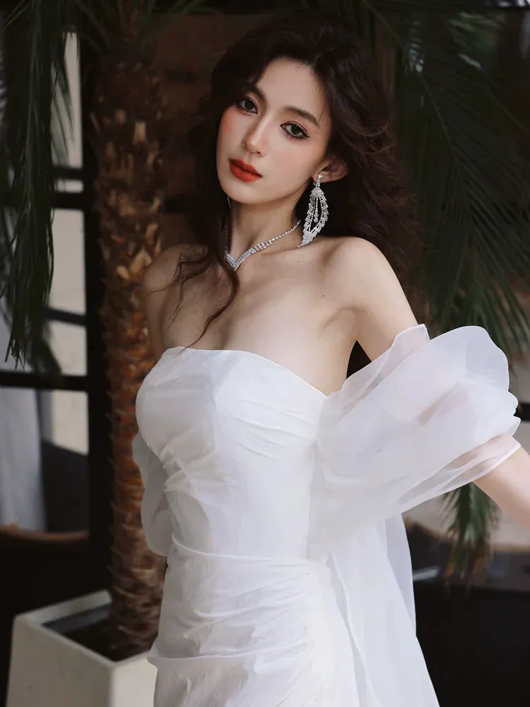 DOLLY Elegant White Off Shoulder Short Puff Sleeve High Waist Wedding Dress-NIKKA