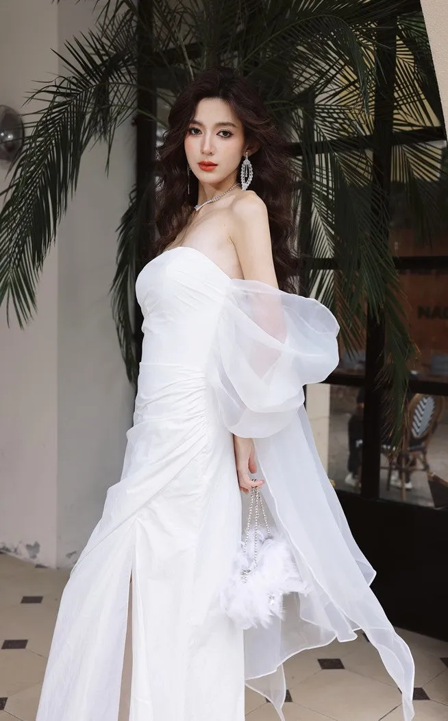 DOLLY Elegant White Off Shoulder Short Puff Sleeve High Waist Wedding Dress-NIKKA