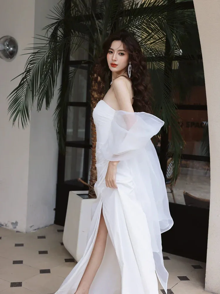 DOLLY Elegant White Off Shoulder Short Puff Sleeve High Waist Wedding Dress-NIKKA