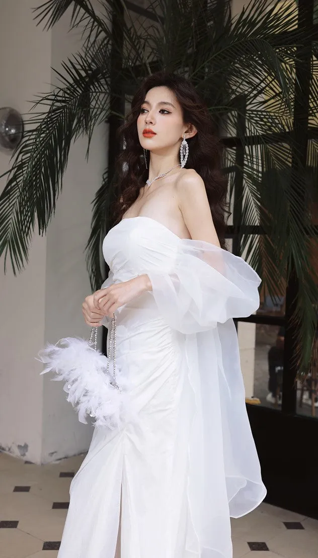 DOLLY Elegant White Off Shoulder Short Puff Sleeve High Waist Wedding Dress-NIKKA