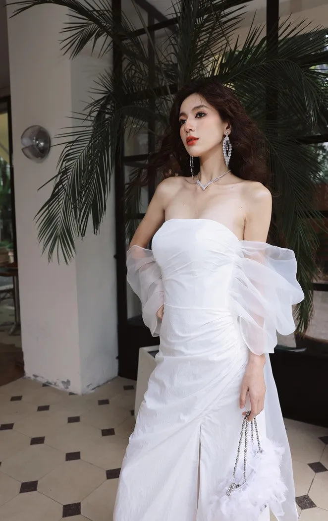 DOLLY Elegant White Off Shoulder Short Puff Sleeve High Waist Wedding Dress-NIKKA