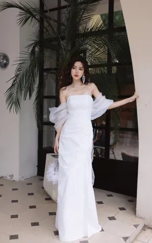 DOLLY Elegant White Off Shoulder Short Puff Sleeve High Waist Wedding Dress-NIKKA