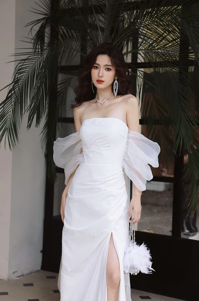 DOLLY Elegant White Off Shoulder Short Puff Sleeve High Waist Wedding Dress-NIKKA