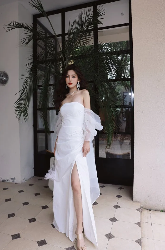 DOLLY Elegant White Off Shoulder Short Puff Sleeve High Waist Wedding Dress-NIKKA