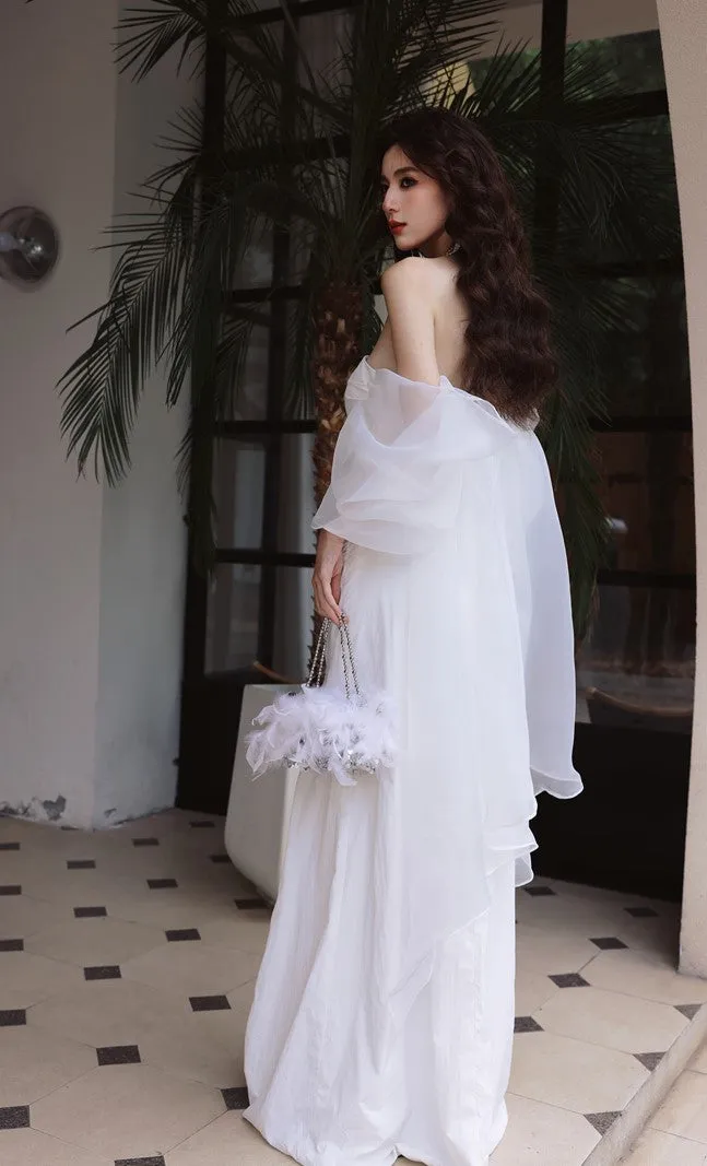 DOLLY Elegant White Off Shoulder Short Puff Sleeve High Waist Wedding Dress-NIKKA