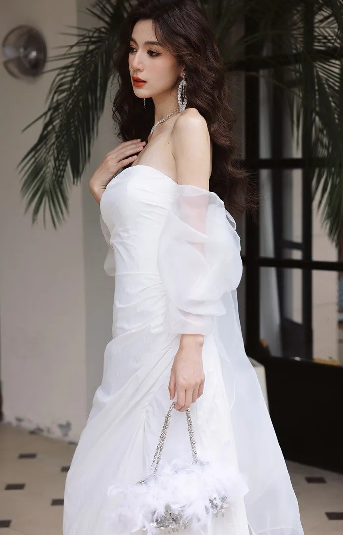 DOLLY Elegant White Off Shoulder Short Puff Sleeve High Waist Wedding Dress-NIKKA