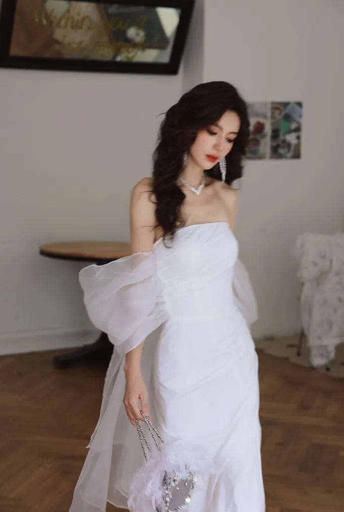 DOLLY Elegant White Off Shoulder Short Puff Sleeve High Waist Wedding Dress-NIKKA